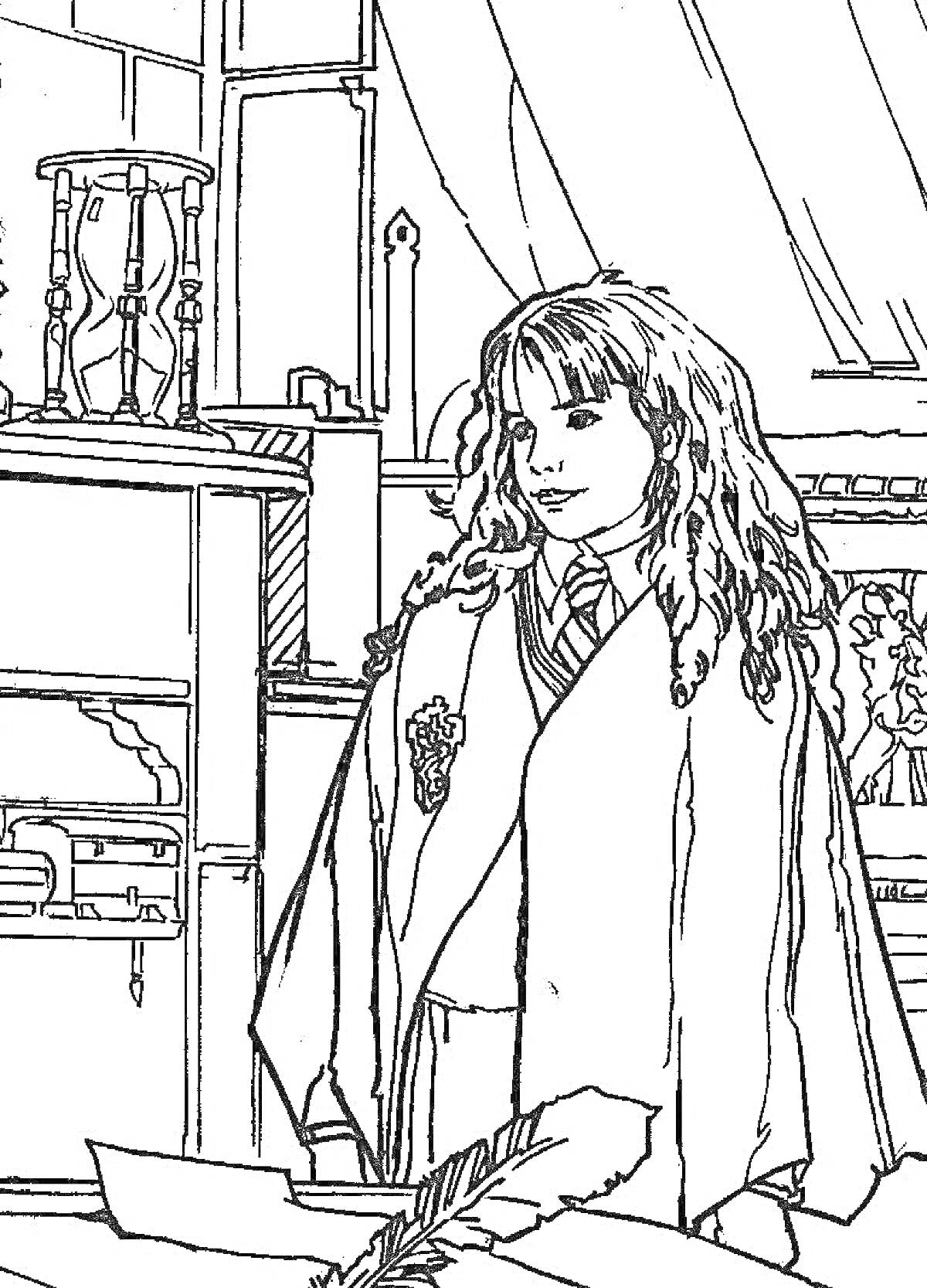 Раскраска Героиня Гарри Поттера в мантии в интерьере комнаты с пером и сундуками на заднем плане