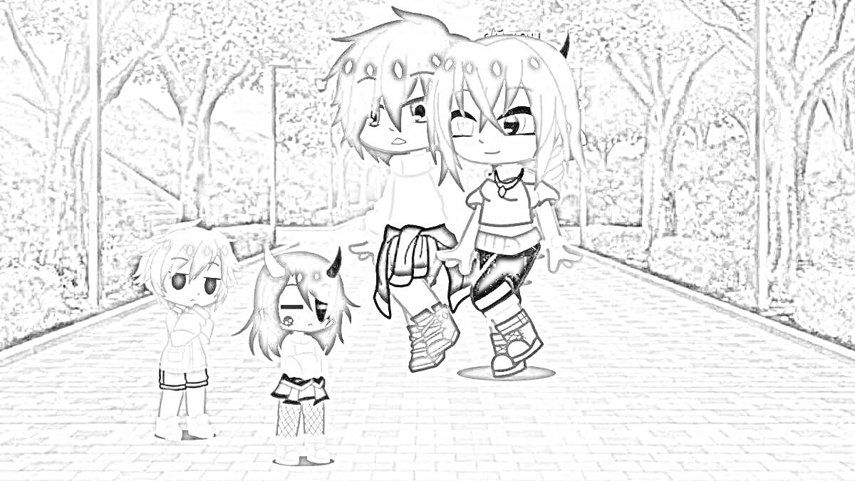Раскраска Четыре персонажа на прогулке в парке (два из них обнимаются)
