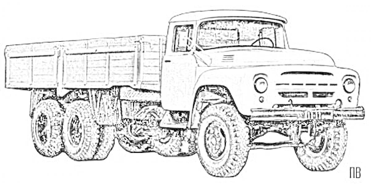 На раскраске изображено: ЗИЛ 130, Грузовая машина, Советский автомобиль, Колёса, Автотранспорт