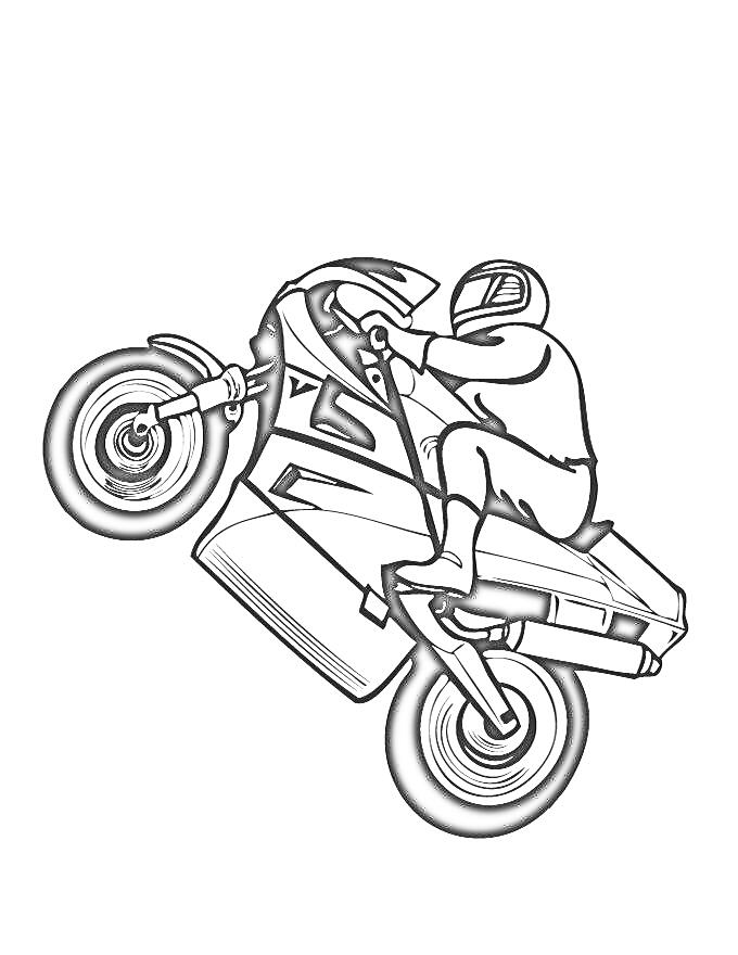 Мотоцикл на заднем колесе, гонщик в шлеме и защитной одежде