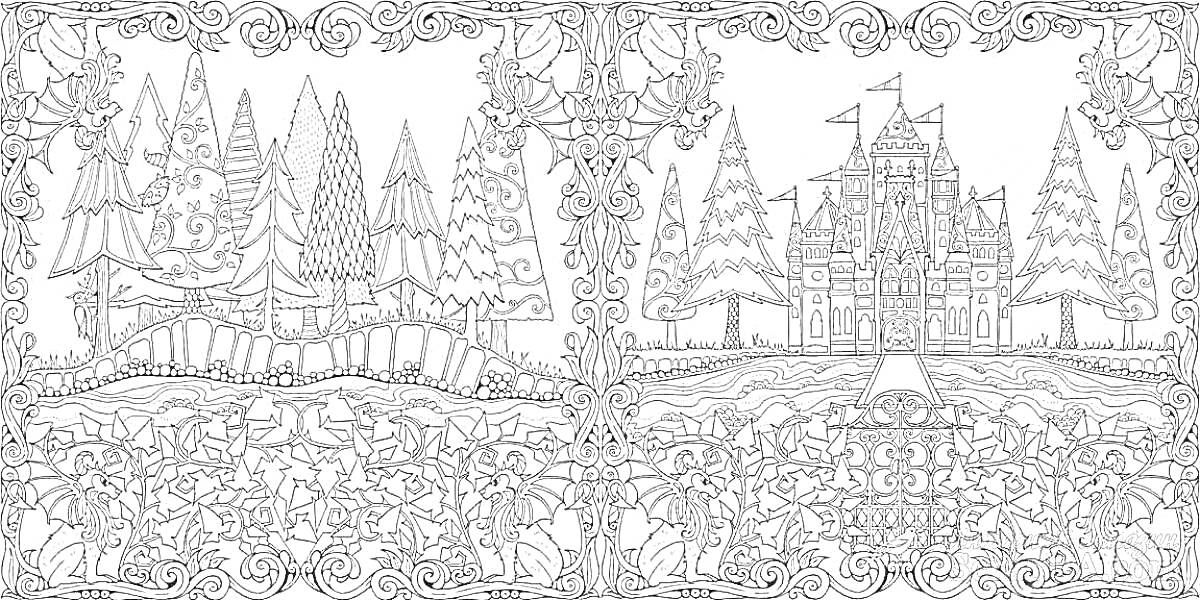 Раскраска Замок в зачарованном лесу с деревьями, кустами, изгородями и мостиком
