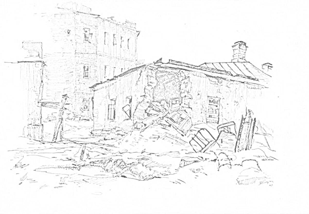 Раскраска Разрушенные здания после освобождения Воронежа, с обрушенными стенами и валяющимися обломками мебели