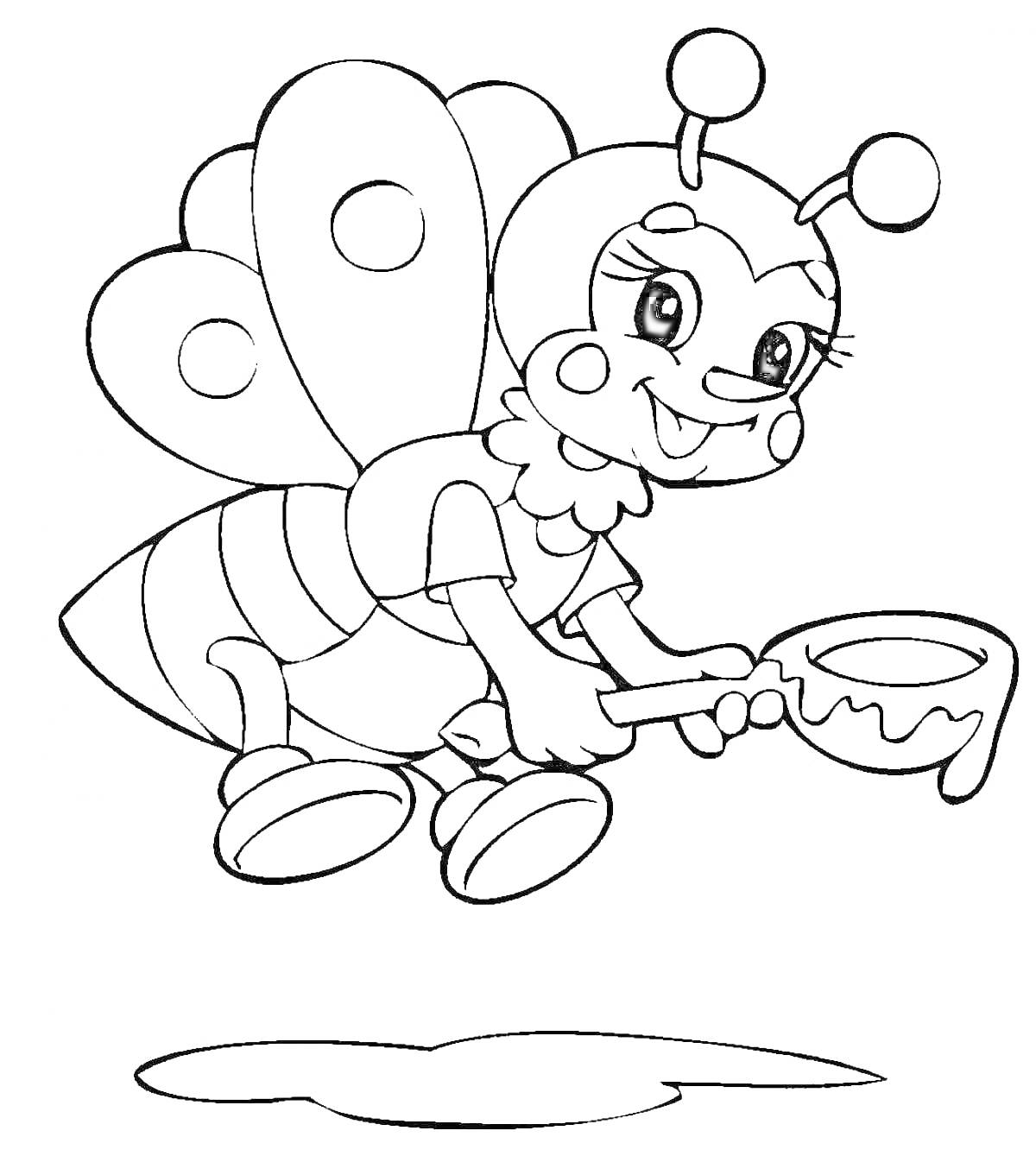 На раскраске изображено: Насекомое, Мультипликационный персонаж, Мёд, Крылья, Пчёлы