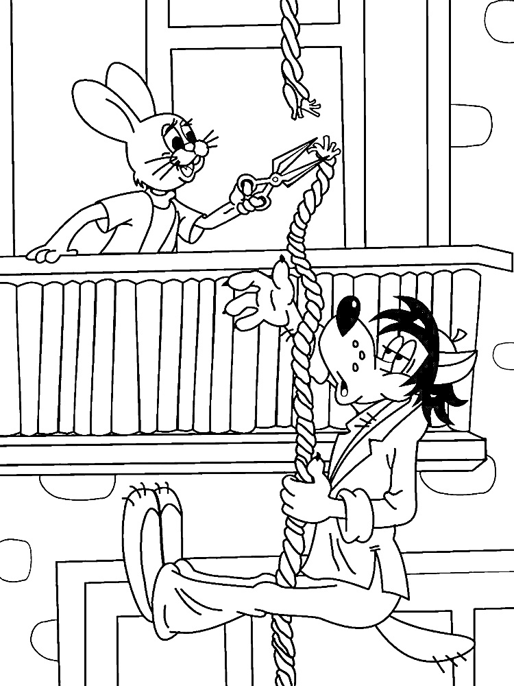 Раскраска Волк, висящий на веревке, и Заяц с ножницами на балконе