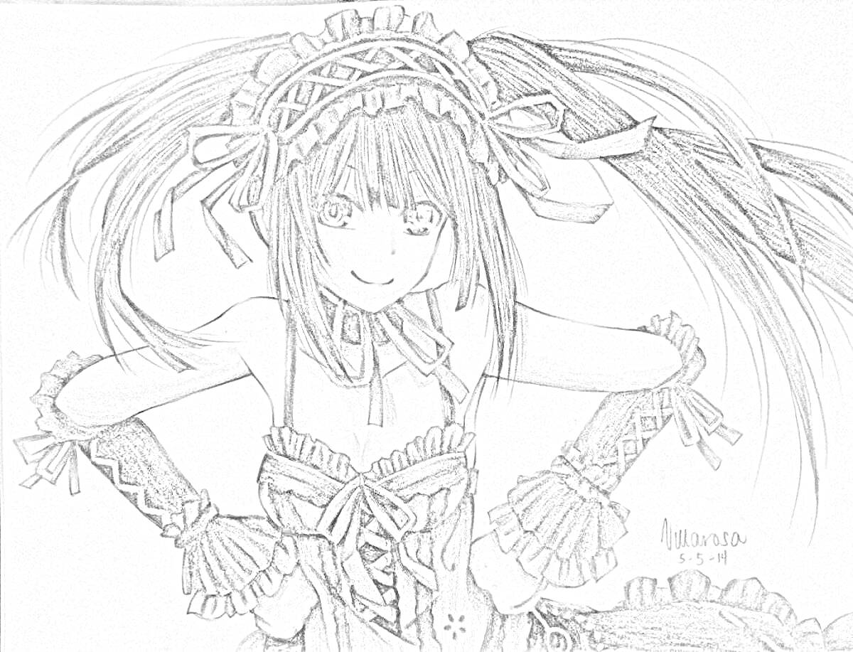 Раскраска Аниме-девушка с длинными косами, в кружевном костюме и лентами на голове, с повязками на руках и загадочной улыбкой