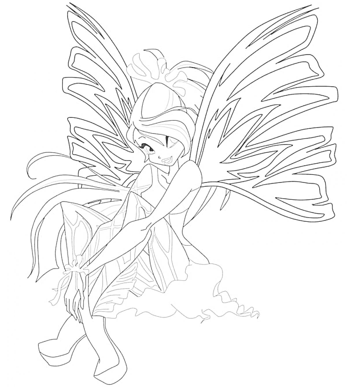 Раскраска Фея Винкс Сиреникс с большими крыльями, сидящая на корточках