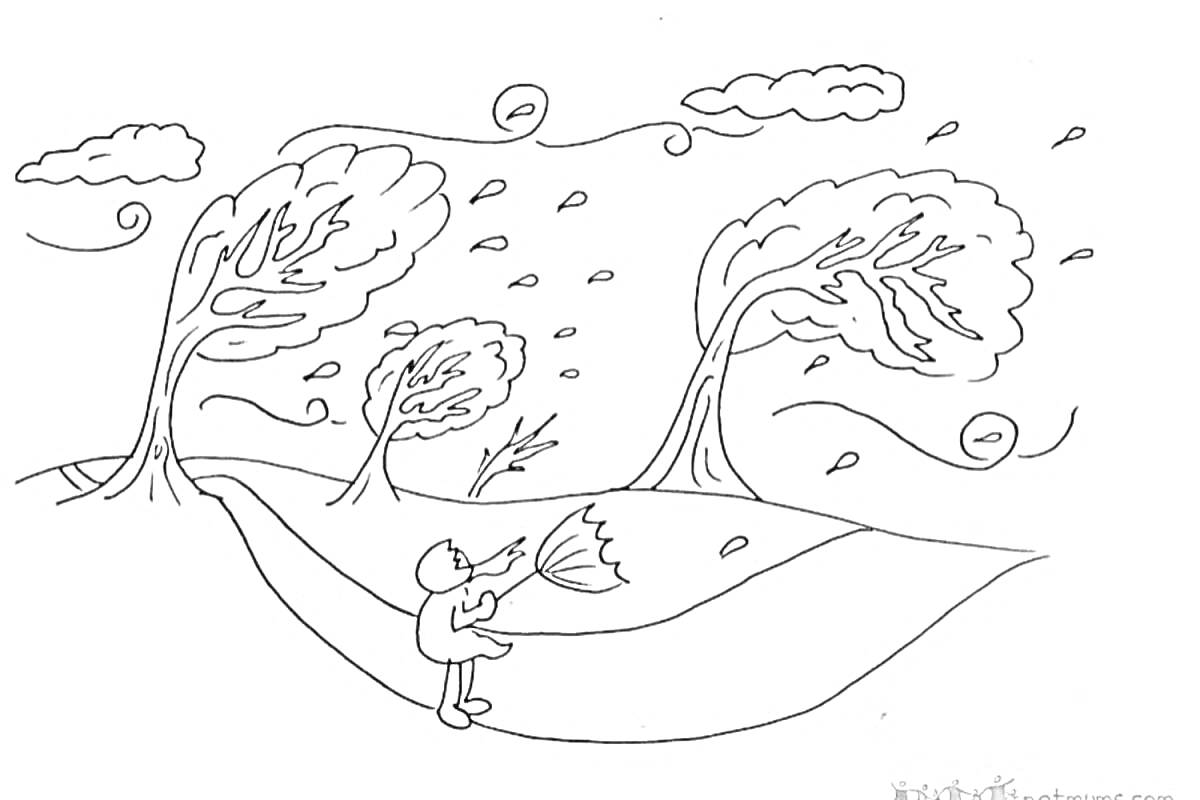 На раскраске изображено: Ветер, Человек, Зонт, Деревья, Листья, Облака, Природа, Осень