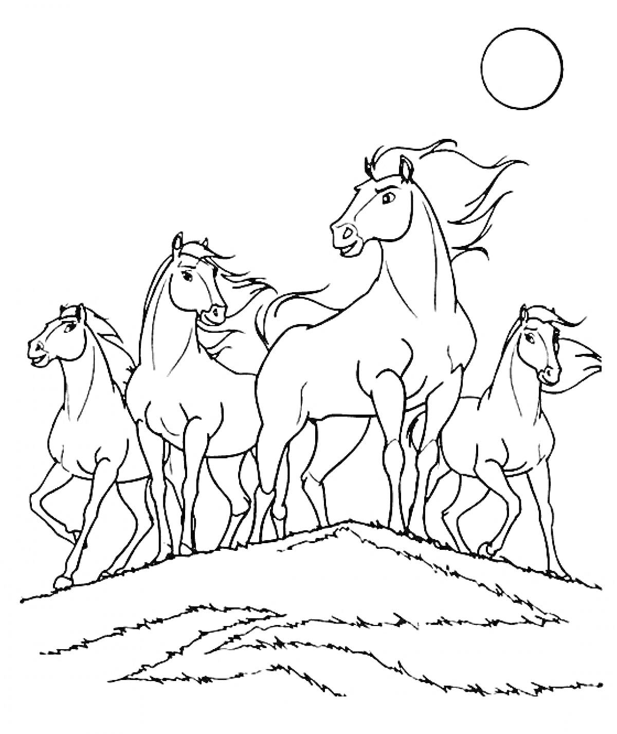 На раскраске изображено: Солнце, Природа, Ветер, Грива, Лошадь, Животные, Контурные рисунки, Холмы