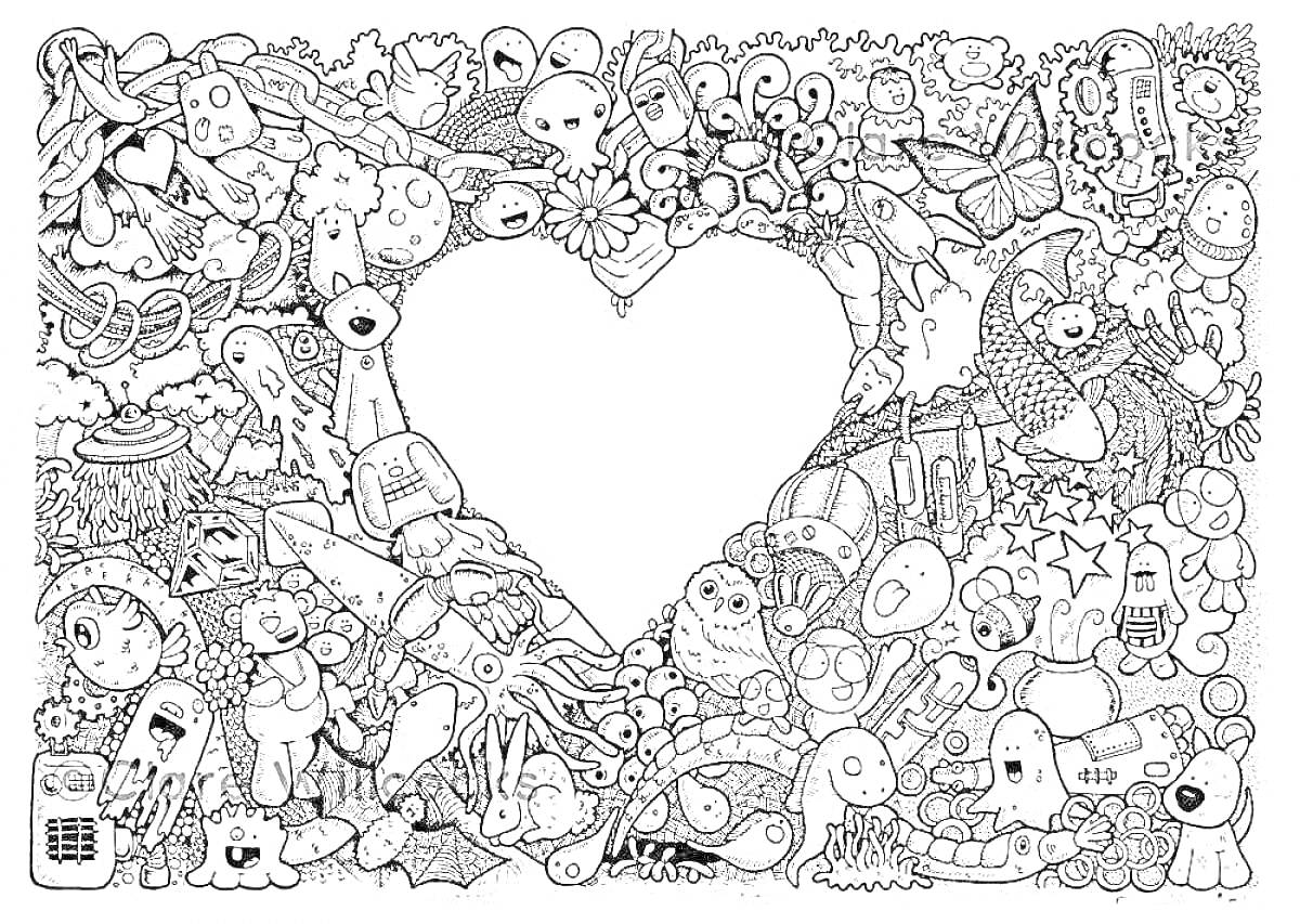 Раскраска Детализированное сердце в окружении милых персонажей и предметов
