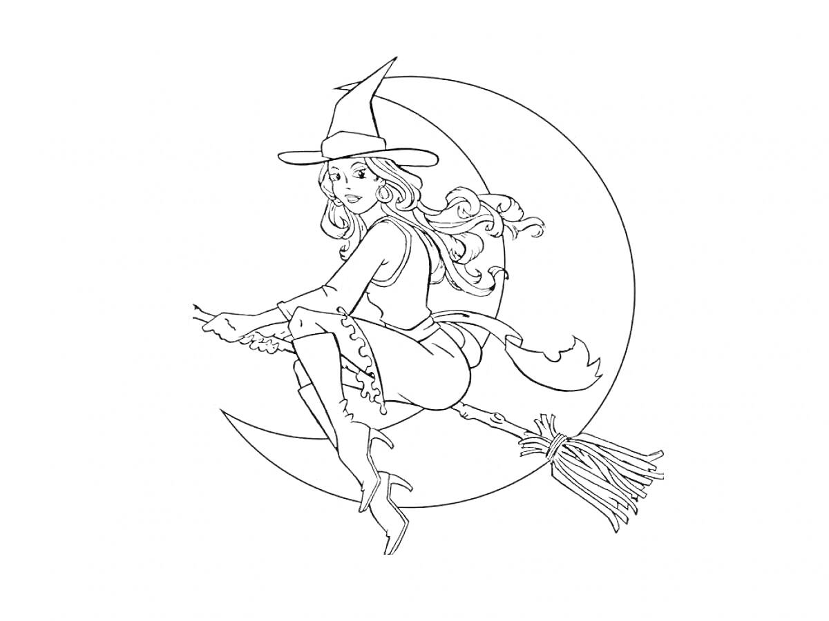 На раскраске изображено: Ведьма, Метла, Луна, Полет, Ночь, Магия