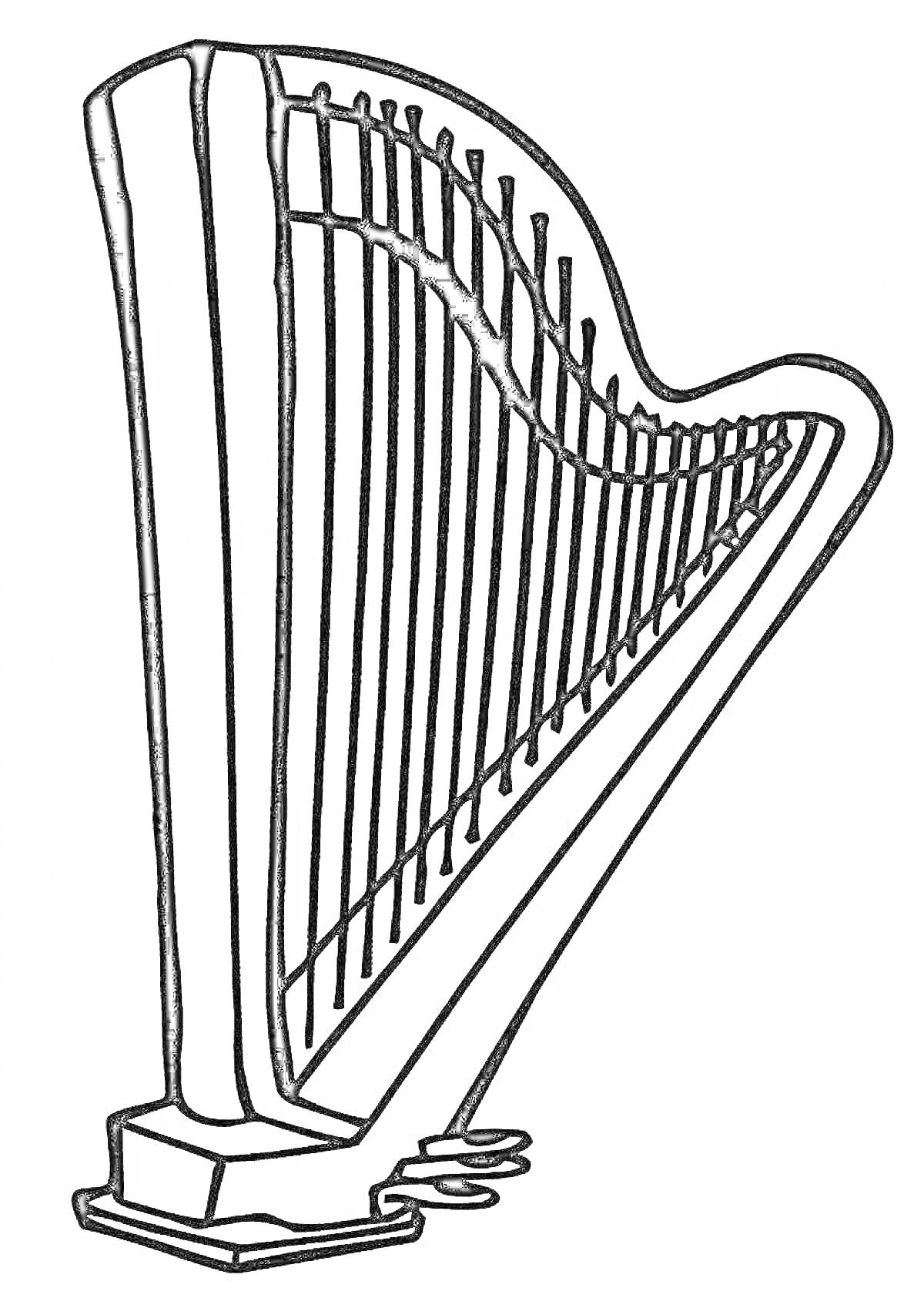 Раскраска Арфа с подставкой и струнами