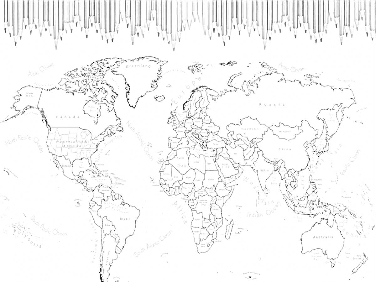 Раскраска Карта мира для раскраски с контурами стран и карандашами вверху