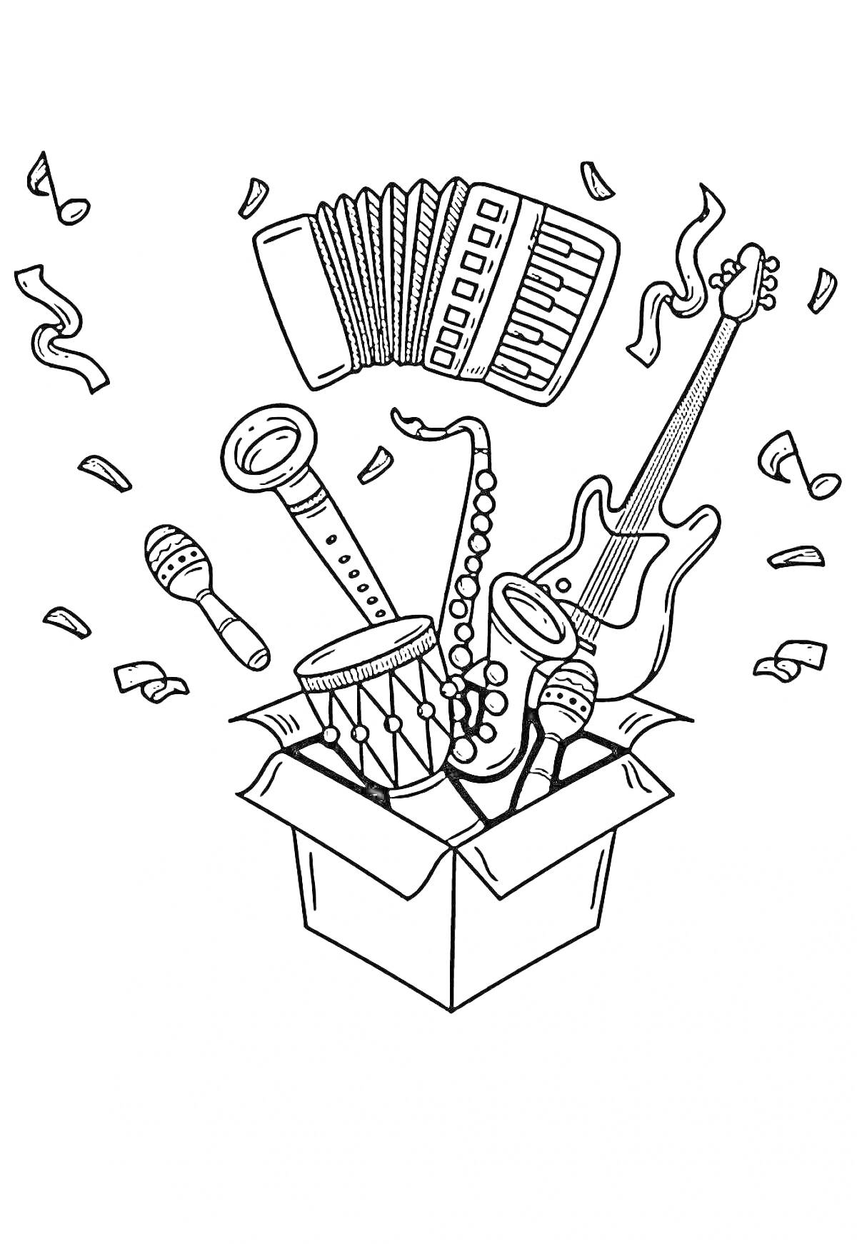 Раскраска Музыкальные инструменты в коробке (гармошка, гитара, барабан, микрофон, маракасы, саксофон)
