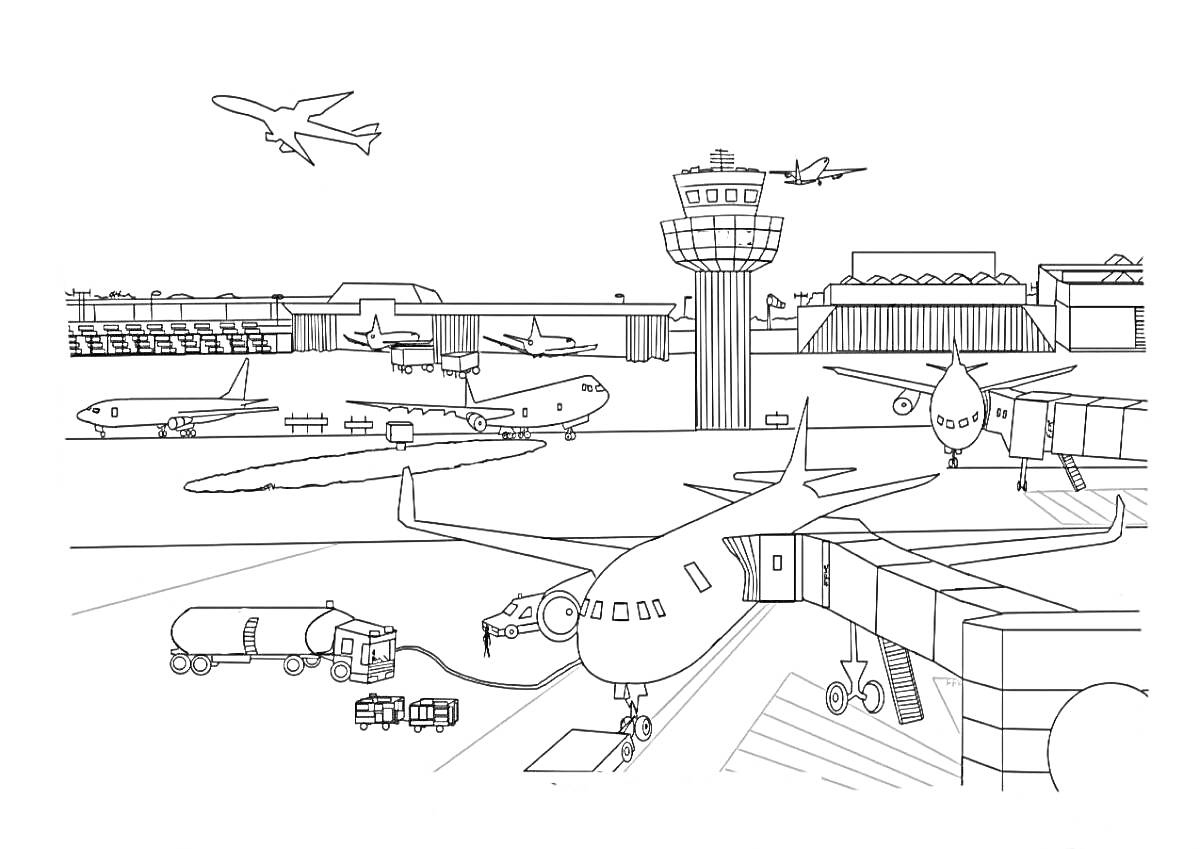 Аэропорт с самолетами, диспетчерской вышкой, пассажирским терминалом, топливозаправщиком и багажным транспортом