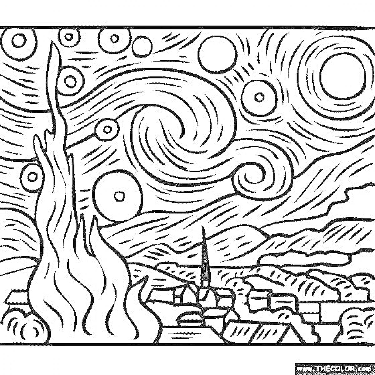 На раскраске изображено: Ван Гог, Деревня, Звезды, Ночь, Небо, Дом