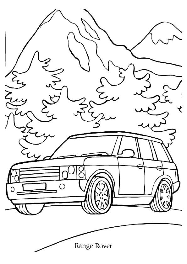 Раскраска Ленд Ровер на фоне гор, деревья, Range Rover