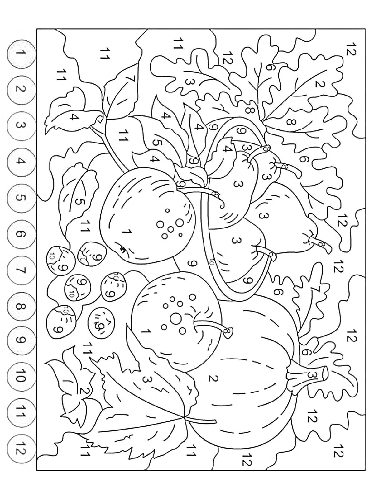 На раскраске изображено: Ягоды, Листья, Виноград, По цифрам, Овощи, Фрукты, Природа, Осень, Тыква