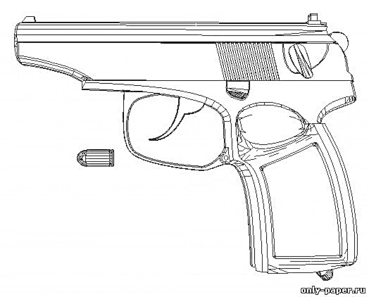 На раскраске изображено: Пистолет Макарова, Оружие, Военная тематика, Контурные рисунки