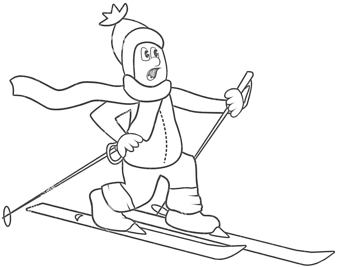 На раскраске изображено: Лыжник, Зимний спорт, Движение, Палки, Шарф, Шапка, Зима, Одежда, Активный отдых