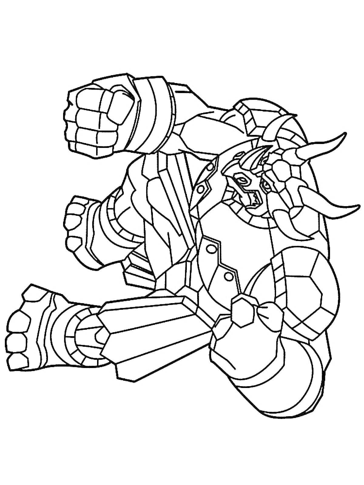РаскраскаБакуган в форме робота-монстра с рогами, массивными拳 и бронированными ногами.