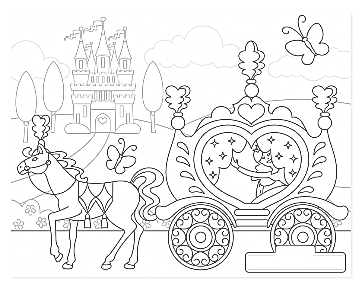 На раскраске изображено: Карета, Лошадь, Замок, Принцесса, Деревья, Облака, Природа, Бабочка