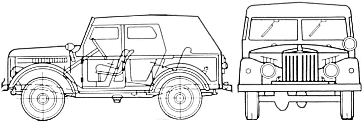 Раскраска Чертеж автомобиля ГАЗ 66 с видами сбоку и спереди