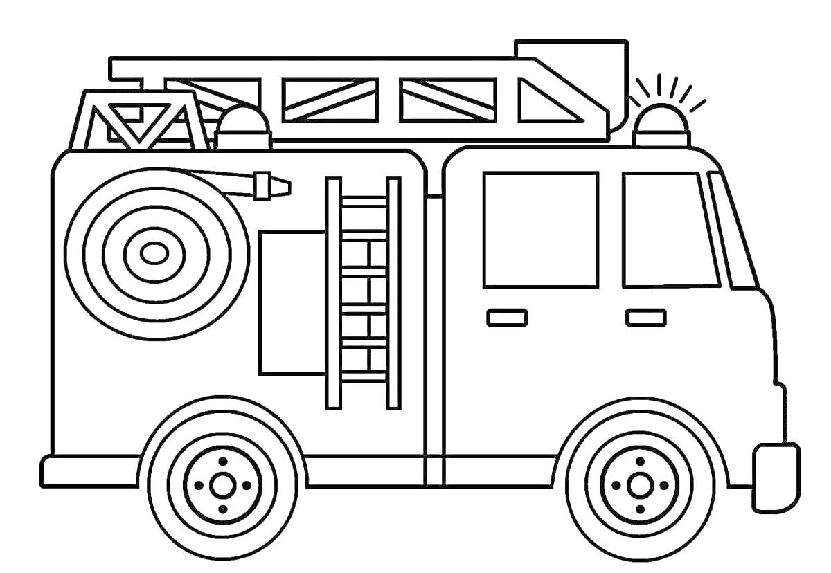 Раскраска Пожарная машина с лестницей, колесами, сиреной и шлангом