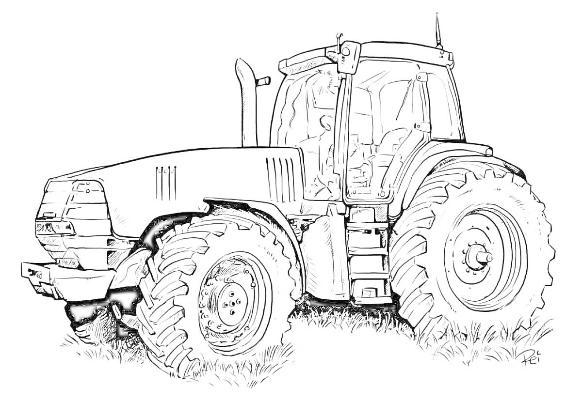 На раскраске изображено: Трактор, Сельское хозяйство, Трава