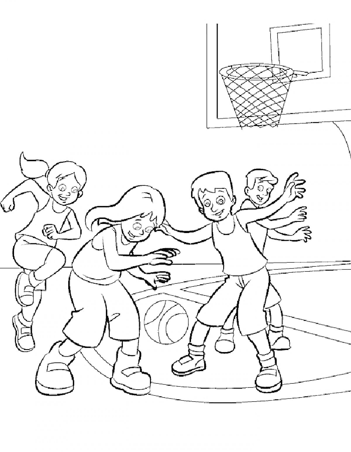 Раскраска Дети играют в баскетбол на баскетбольной площадке