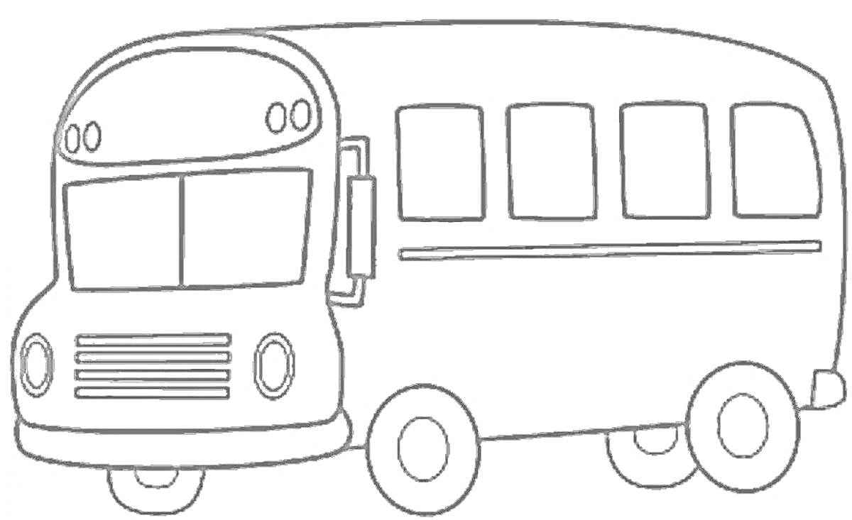 Раскраска Эскиз автобуса с пятью окнами и тремя колесами