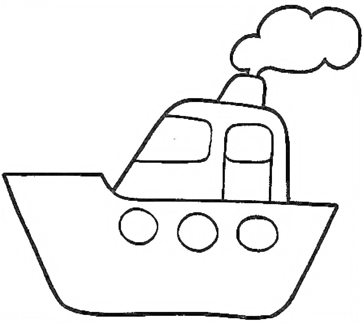 На раскраске изображено: Корабль, Иллюминаторы, Рубка, Труба, Дым, Море, Водный транспорт, Для детей, 3 года, 4 года
