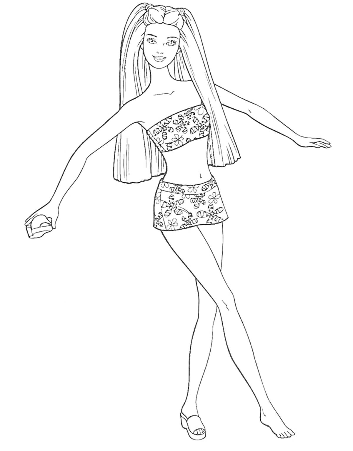 Раскраска Кукла Барби с длинными волосами в топе и юбке с цветочным узором, держит в руке предмет и стоит на одной ноге