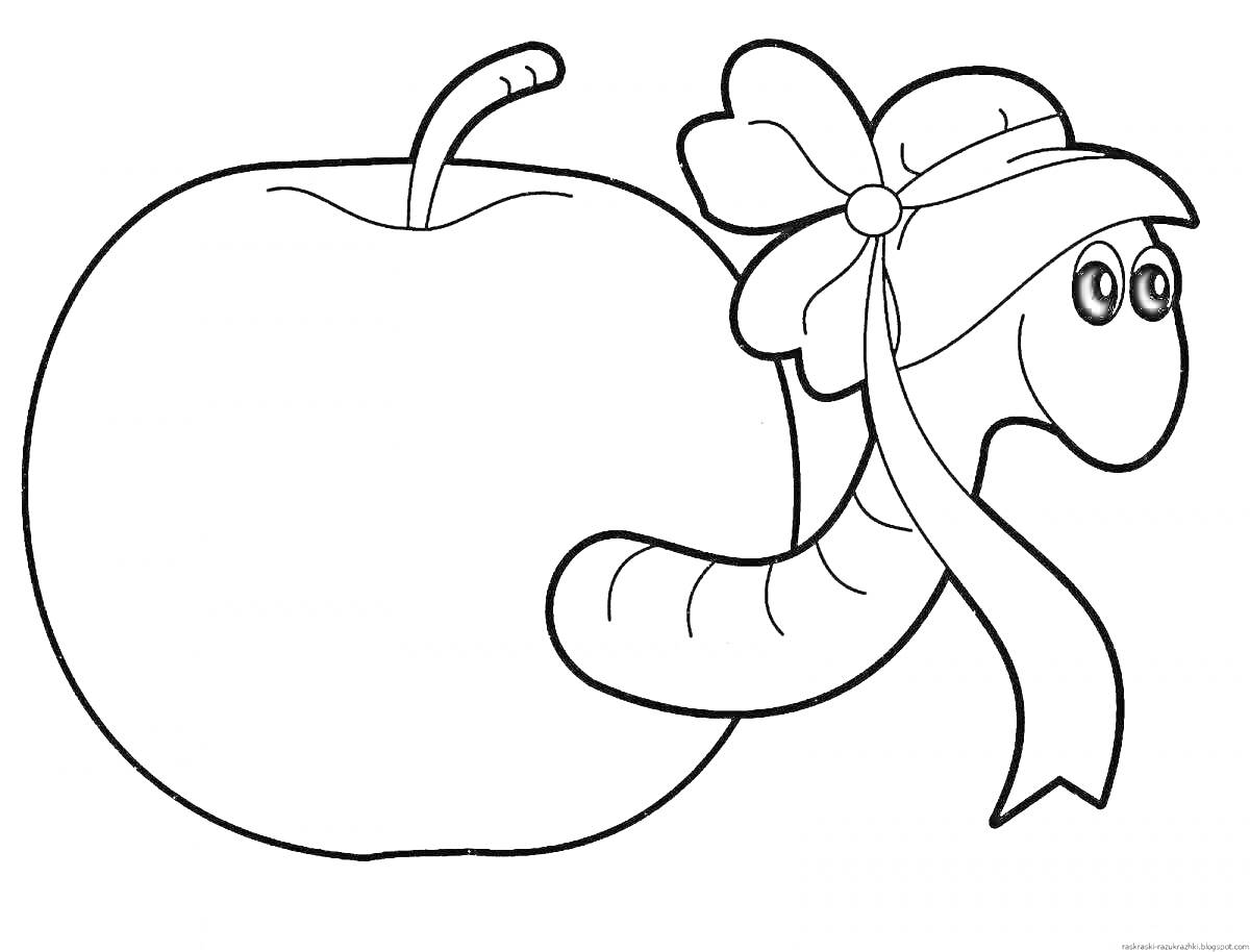 Раскраска Червячок в шляпе с большим бантом на яблоке