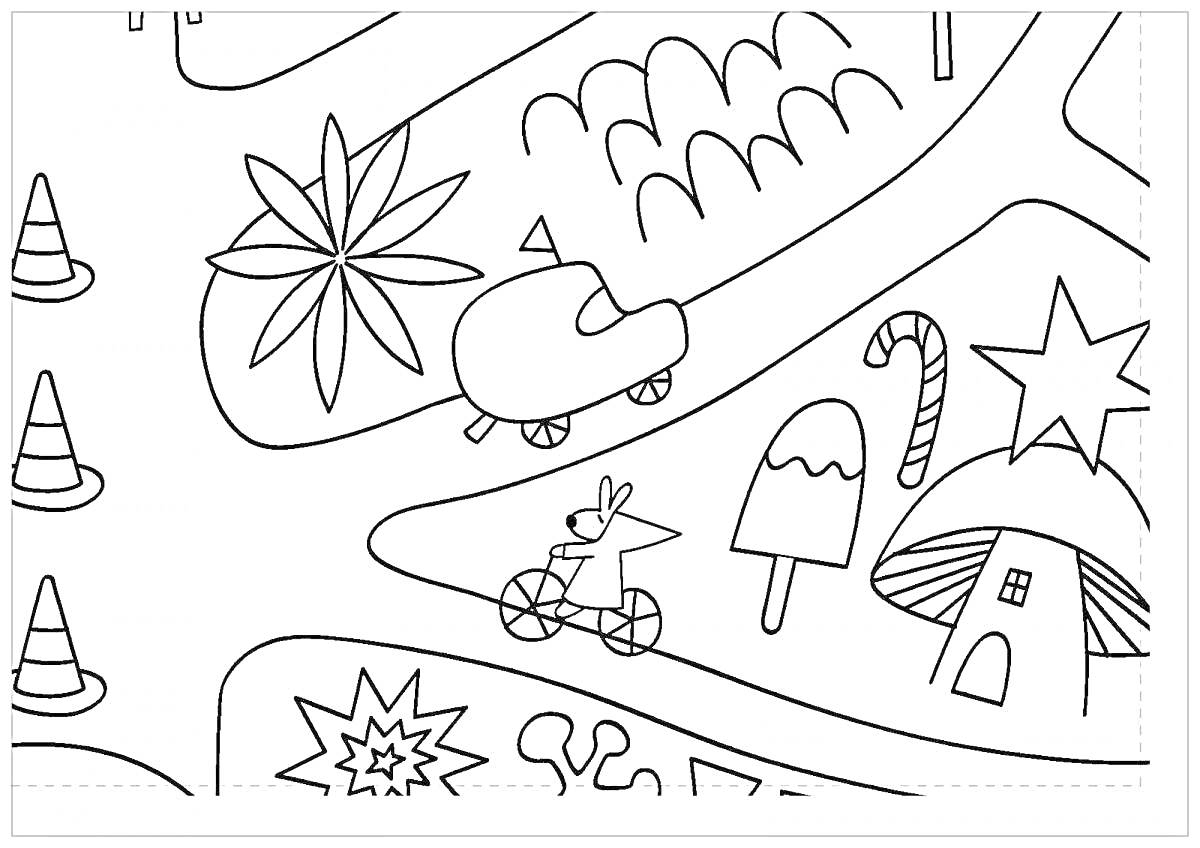 На раскраске изображено: Сказочный домик, Конфеты, Велосипед, Конус