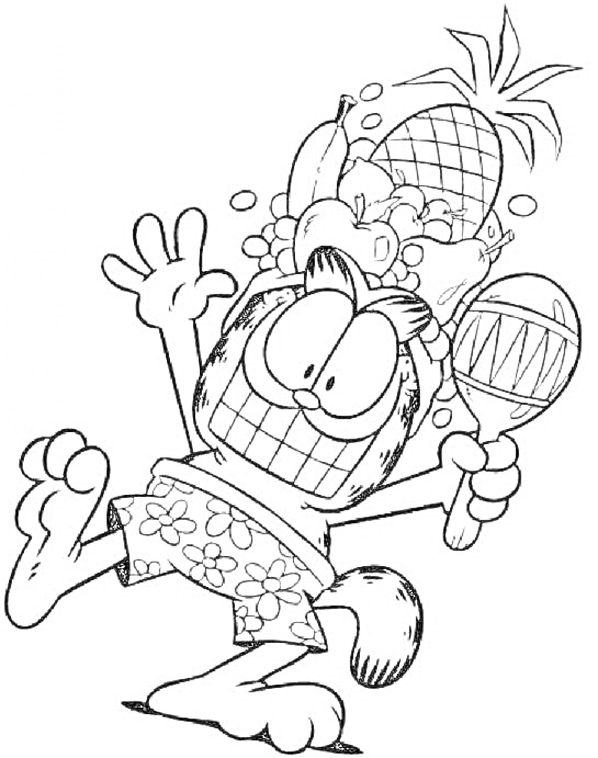 Раскраска Кот с фруктами на голове, держащий маракас, в шортах с цветочным принтом