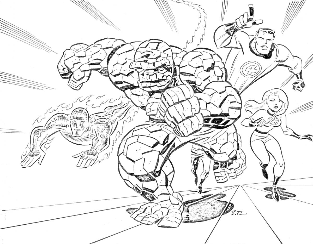На раскраске изображено: Фантастическая четвёрка, Человек-Паук, Существо, Супергерои, Комиксы, Марвел