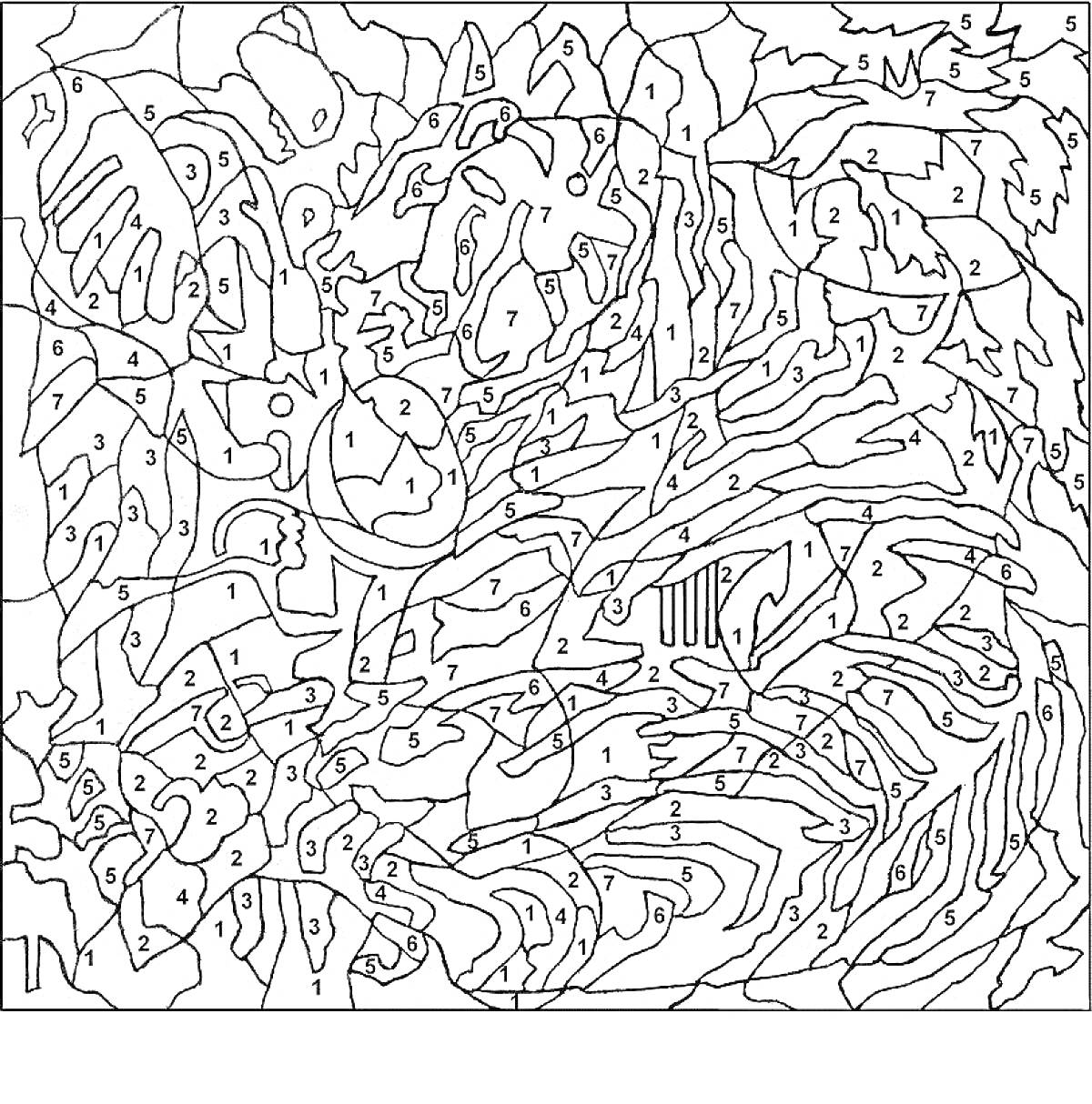 Раскраска Картина по номерам с многочисленными извилистыми линиями и сегментами, предназначенная для окрашивания по цифрам