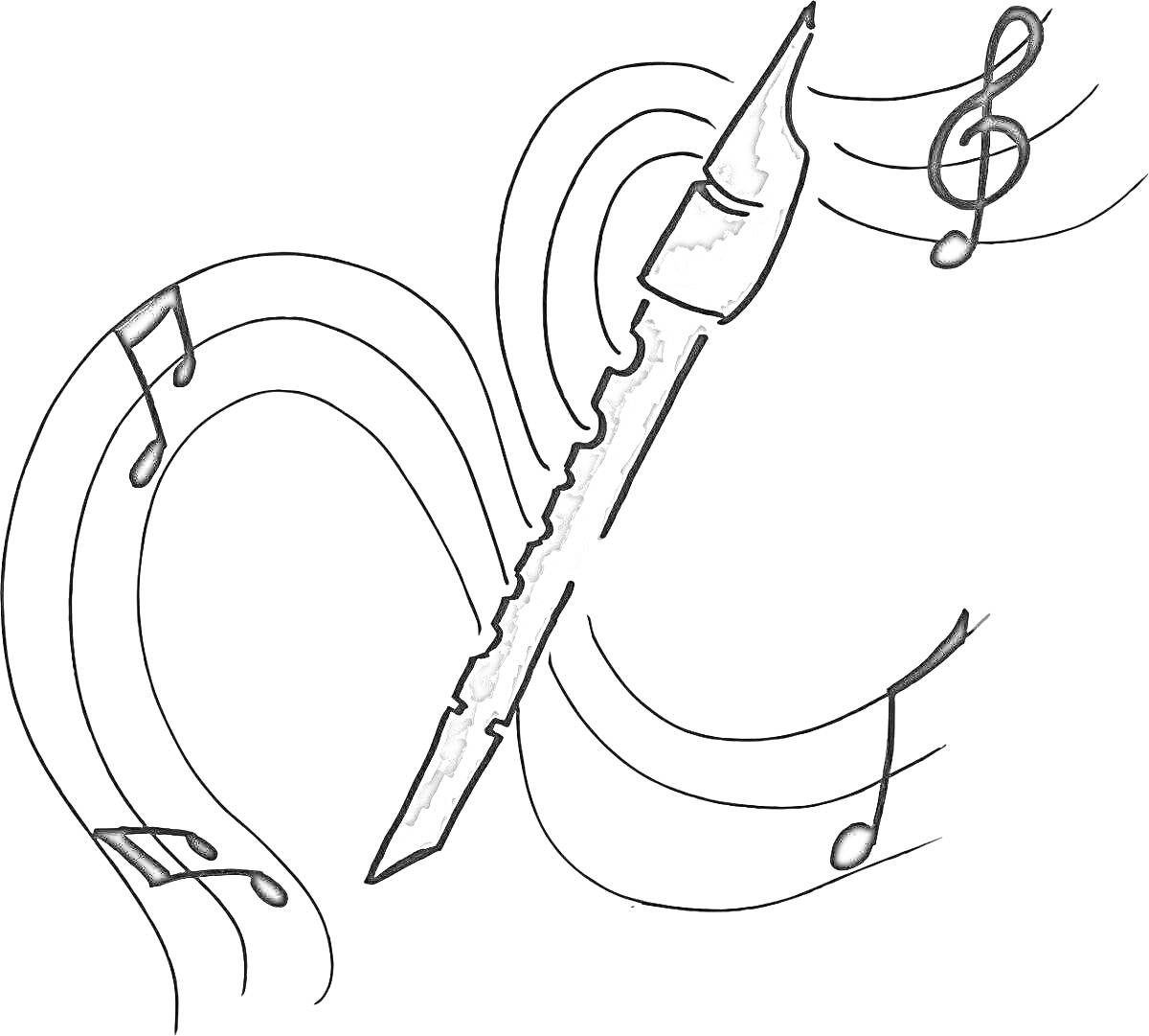 На раскраске изображено: Дудочка, Ноты, Музыка, Творчество, Музыкальные инструменты