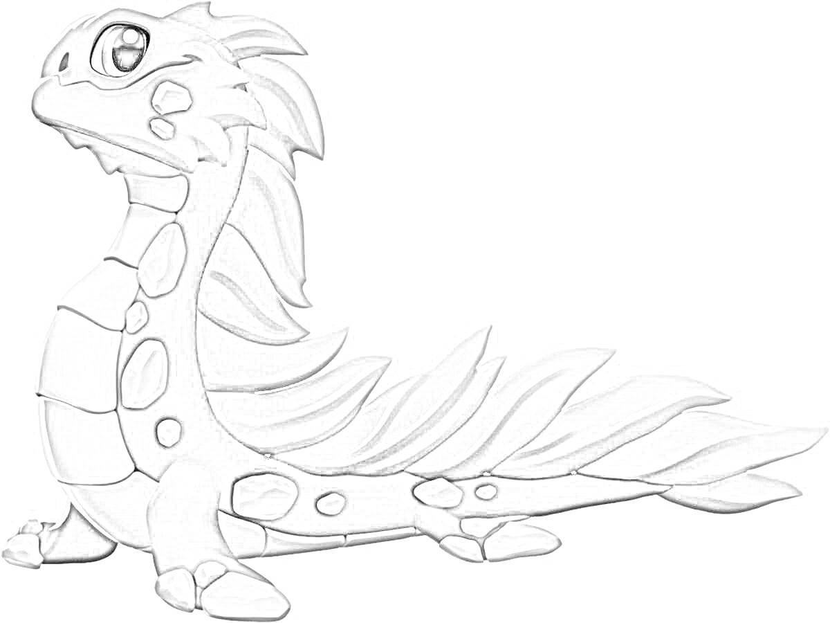 Раскраска Дракон с крупными гладкими чешуйками и длинным изогнутым хвостом