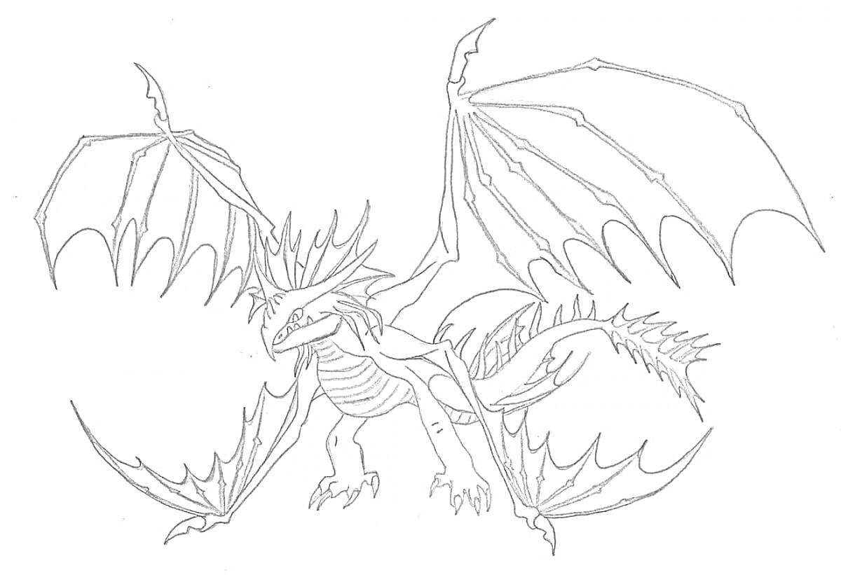 На раскраске изображено: Дракон, Крылья, Шипы, Хвост, Фэнтези, Мифические существа