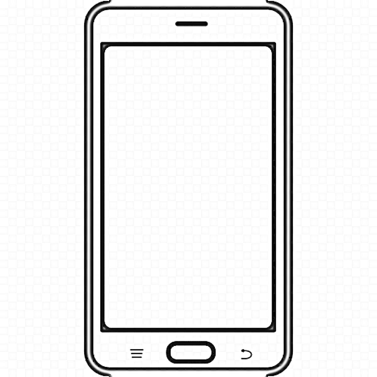 Смартфон с экраном, верхней вырезкой, нижними кнопками и внешней рамкой