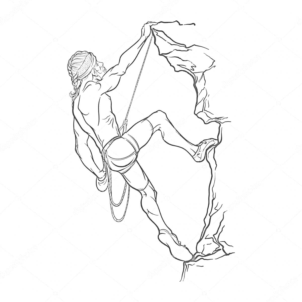 На раскраске изображено: Скалолазание, Человек, Подъём, Веревка, Страховка