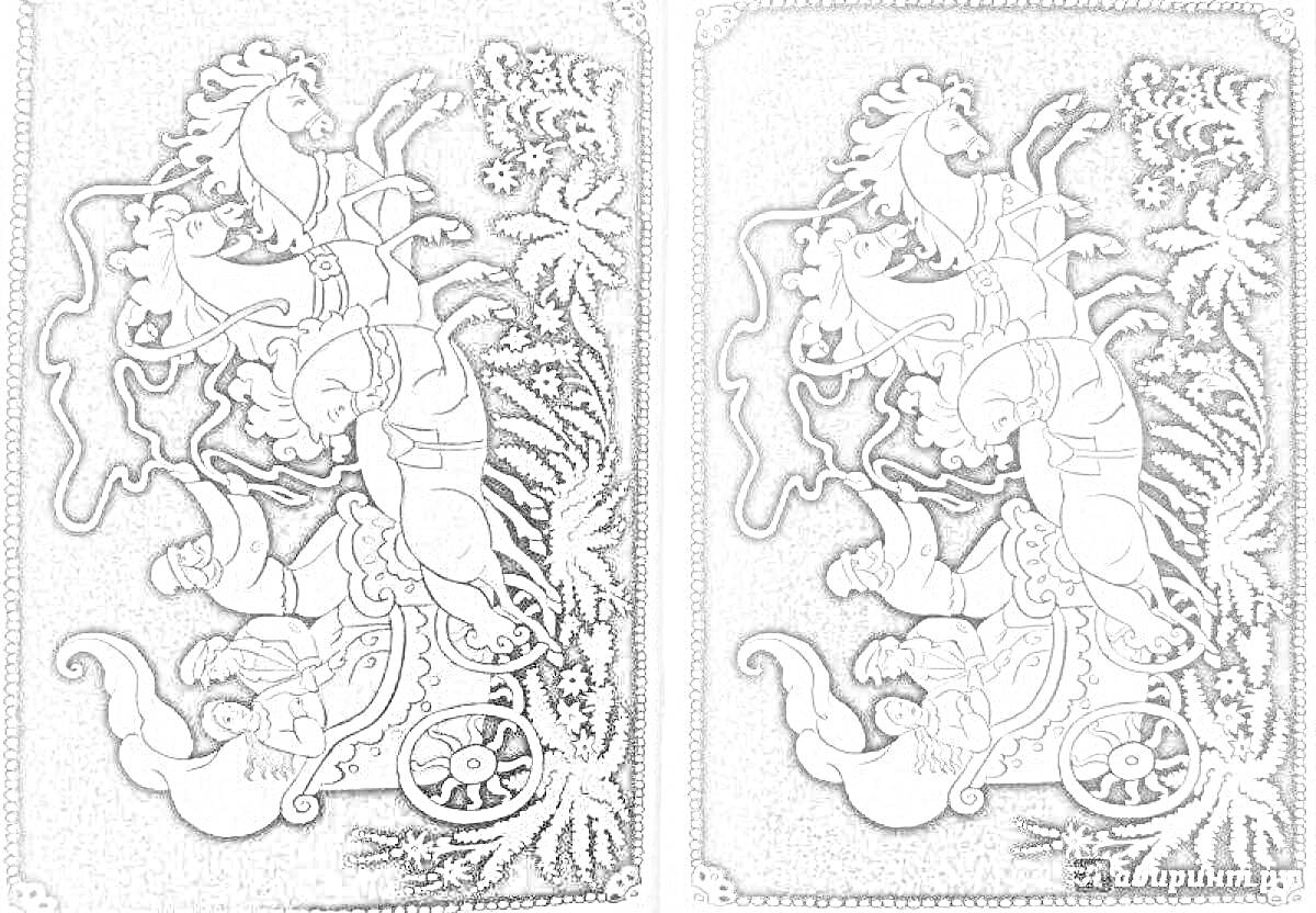 На раскраске изображено: Лаковая миниатюра, Человек, Цветы, Растительный орнамент, Лошадь