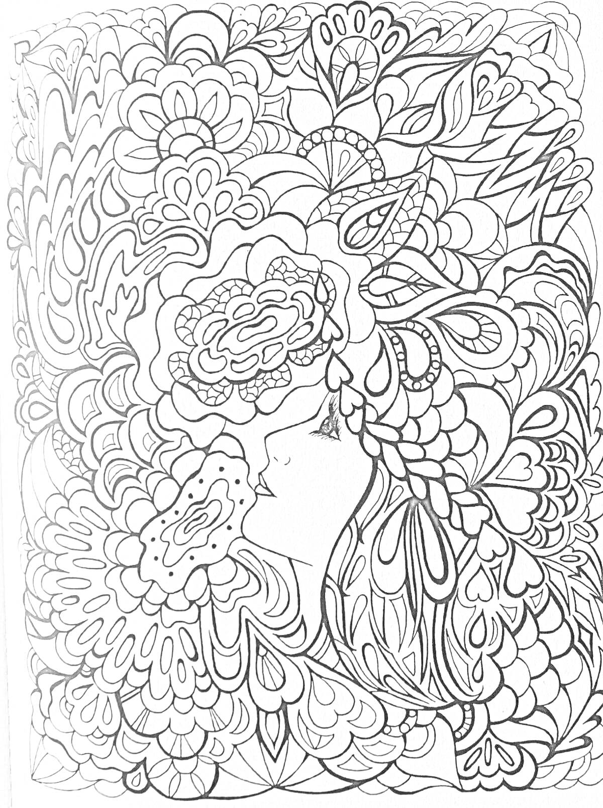 Раскраска Профиль девушки с длинными распущенными волосами, украшенными цветами и листиками