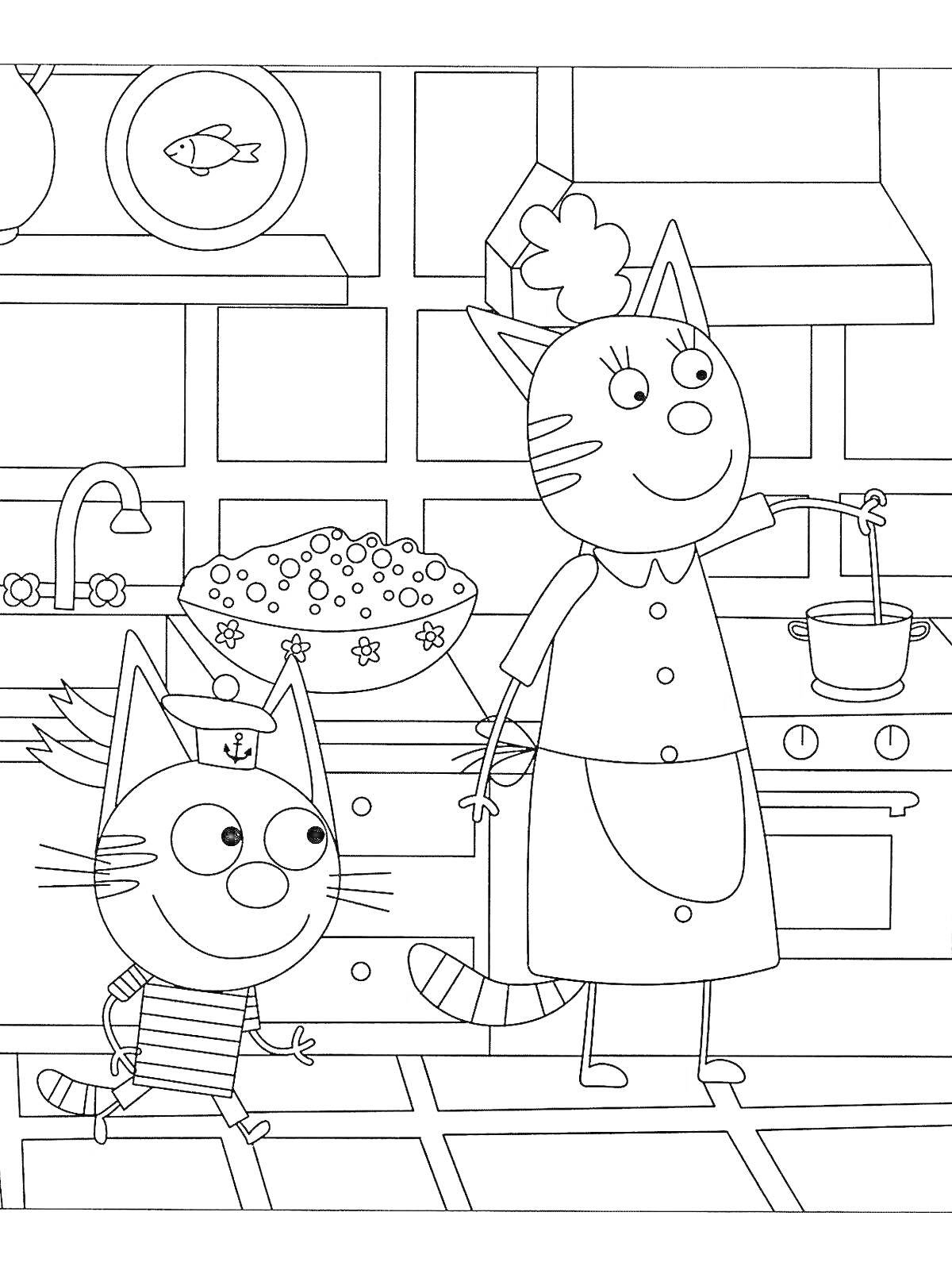 Раскраска Папа кот с сыном котенком на кухне, папа готовит еду в кастрюле, на заднем плане окно и полка с тарелкой и кувшином