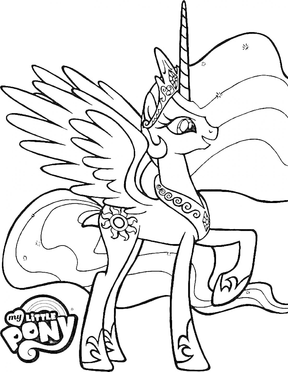 Раскраска Пони Селестия с короной, крыльями и рогом, эмблемой солнца, развевающейся гривой и логотипом My Little Pony