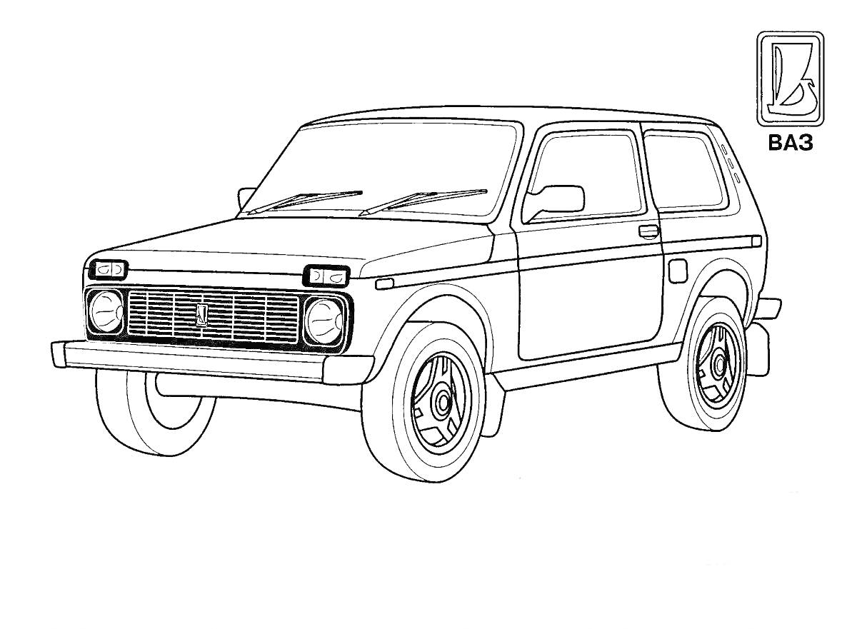 Раскраска Автомобиль ВАЗ-2121 «Нива» с изображением логотипа ВАЗ в правом верхнем углу