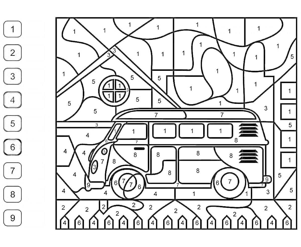 На раскраске изображено: Фургон, Забор, Деревья, Цифры, По номерам