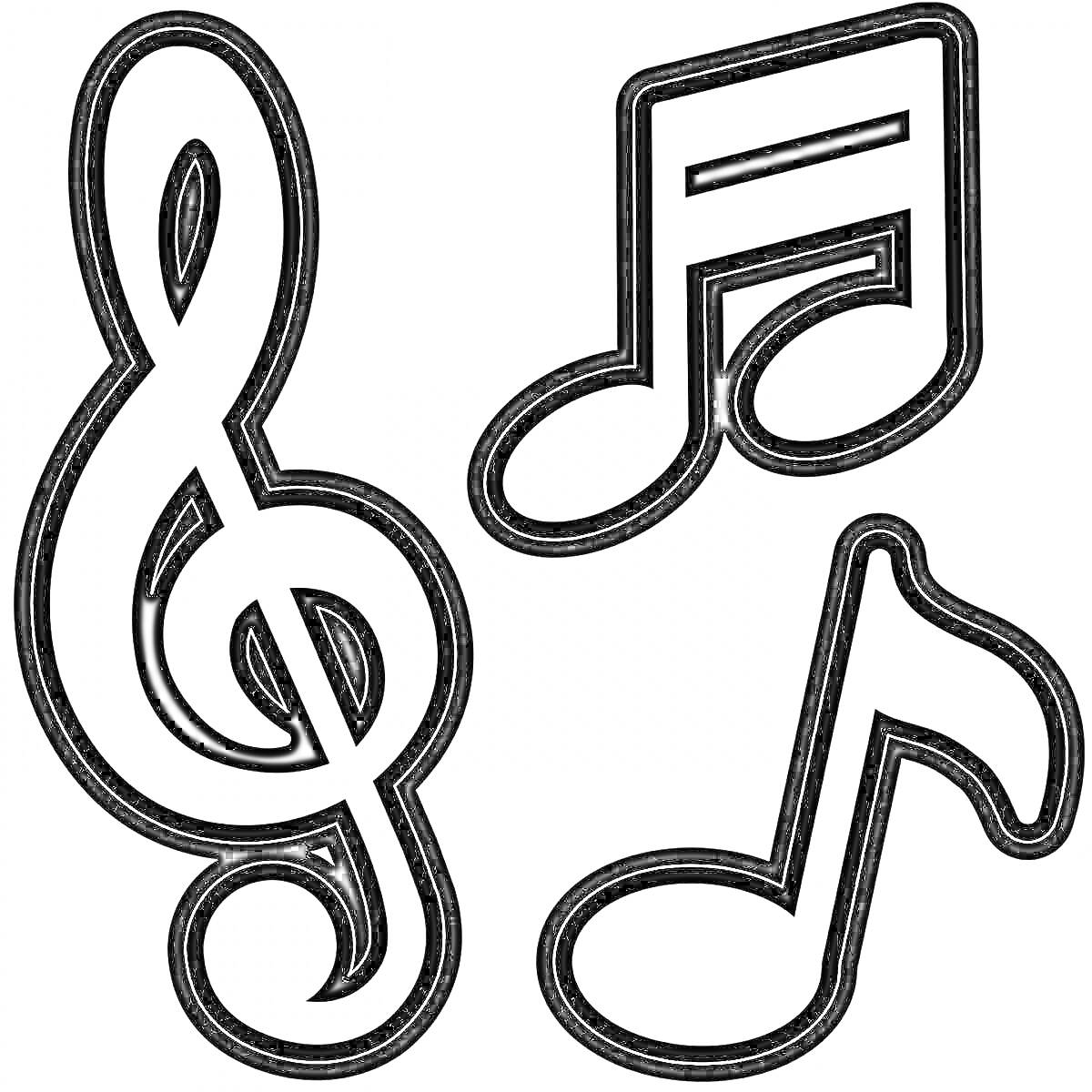 На раскраске изображено: Скрипичный ключ, Музыкальные ноты, Музыка, Для детей