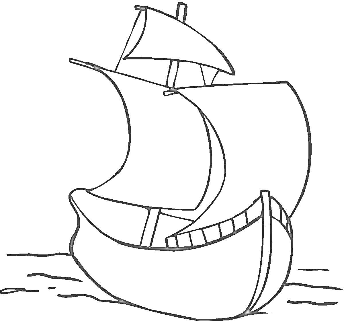 Раскраска Парусный корабль на воде с двумя мачтами и поднятыми парусами